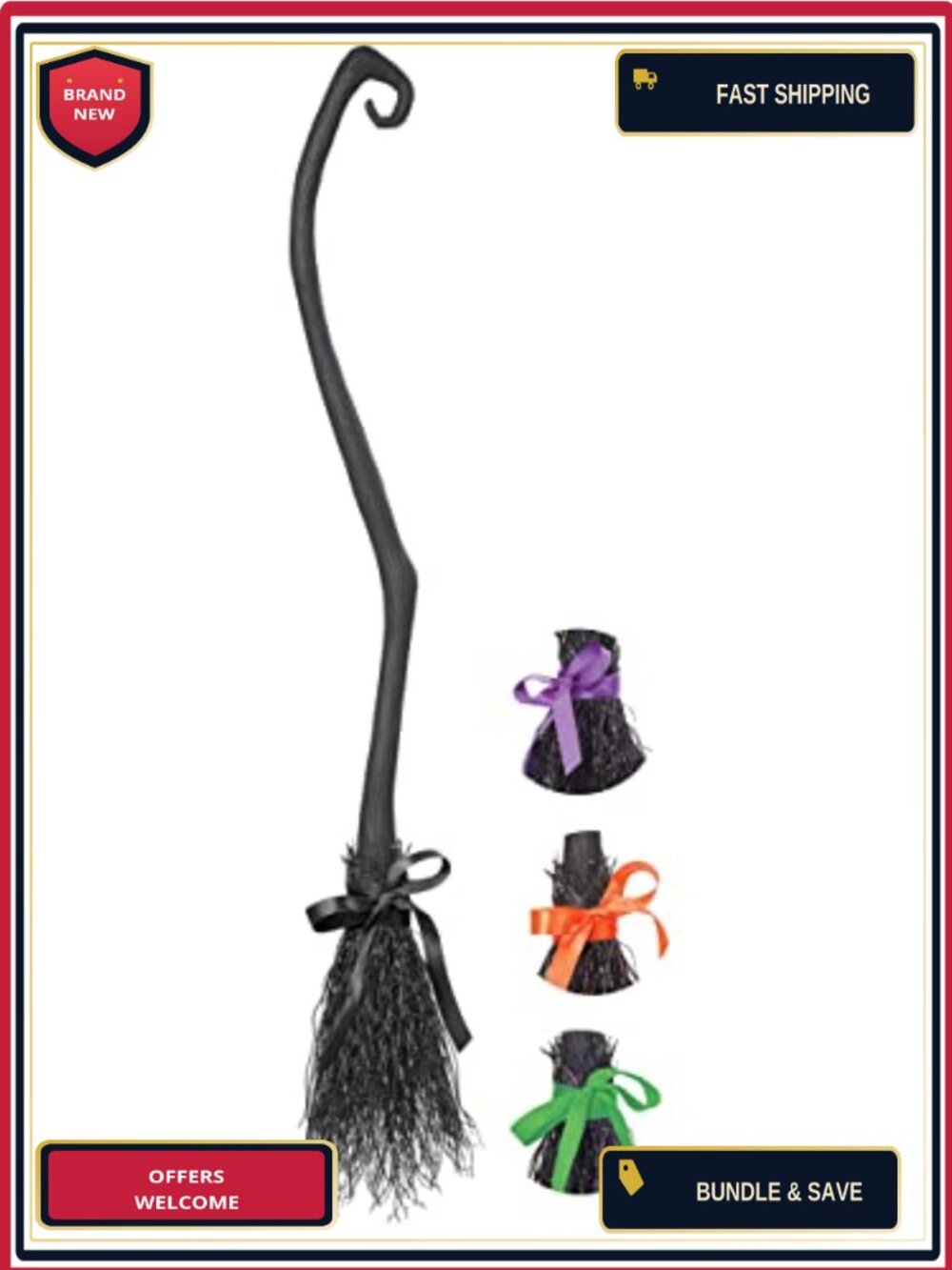 Witch Broom Costume Accessory Assembled 4 Piece Screw Together